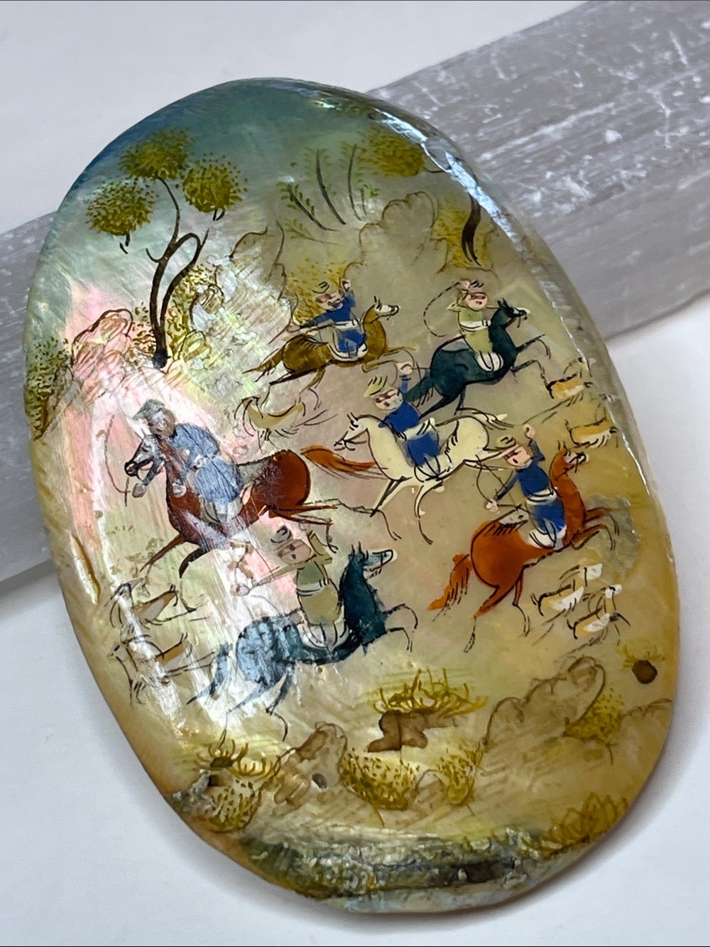 Vintage Hand Painted Persian Miniature Painting on Mother of Pearl  Shell